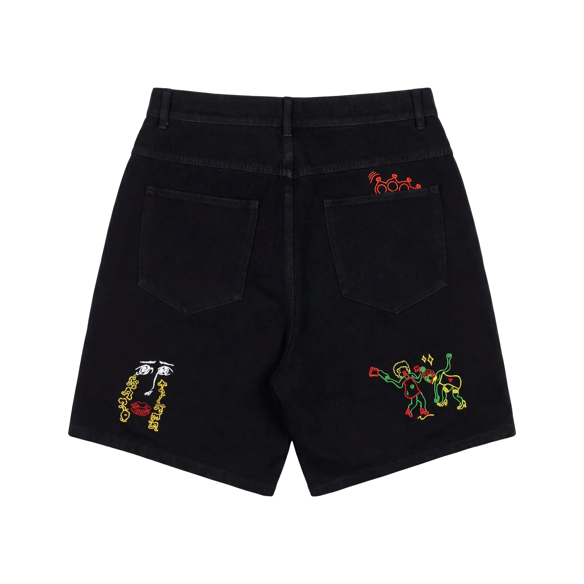 Black shorts with colorful embroidered designs on a white background