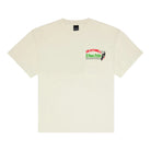 Beige t-shirt with a logo on the chest against a white background