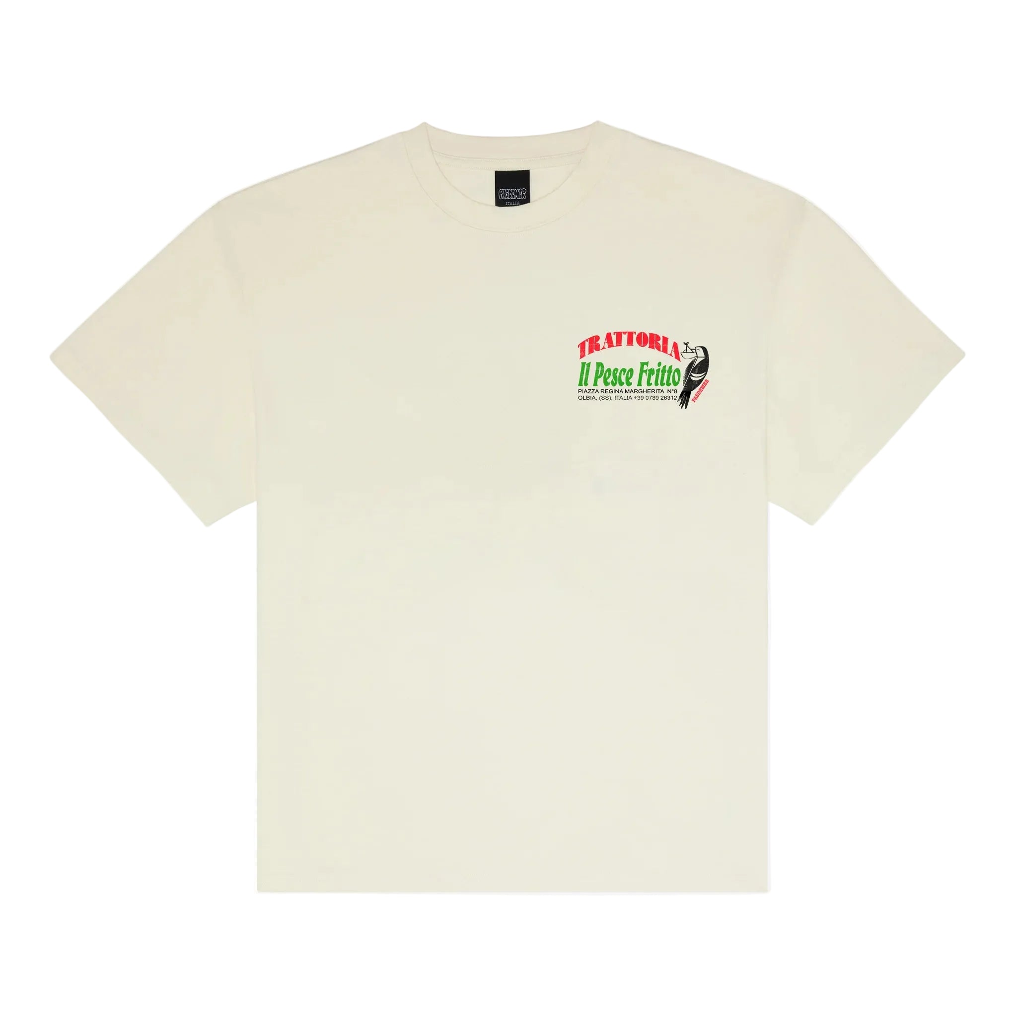 Beige t-shirt with a logo on the chest against a white background
