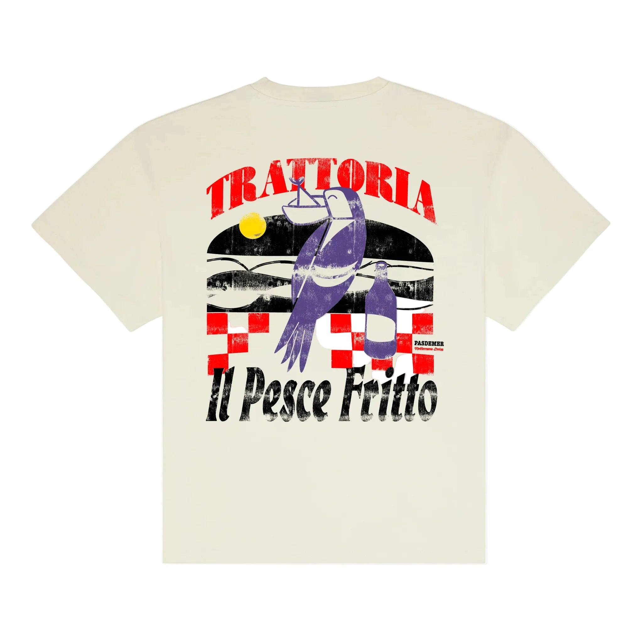 Beige t-shirt with graphic design and text on a white background