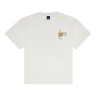 White t-shirt with a small graphic on the chest against a white background