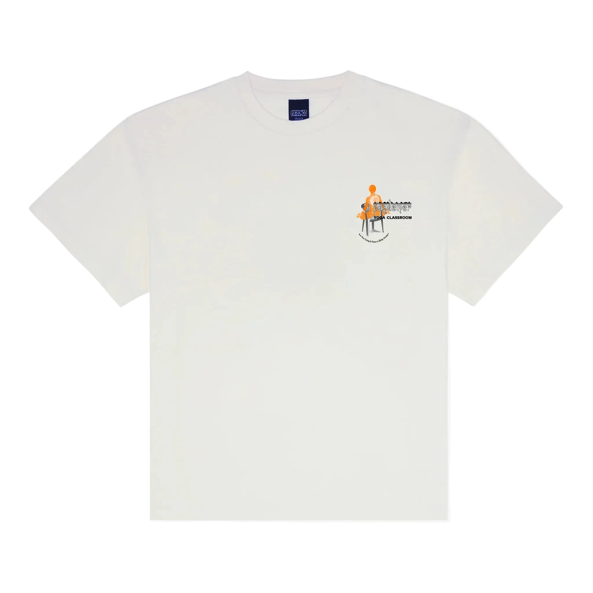 White t-shirt with a small graphic on the chest against a white background
