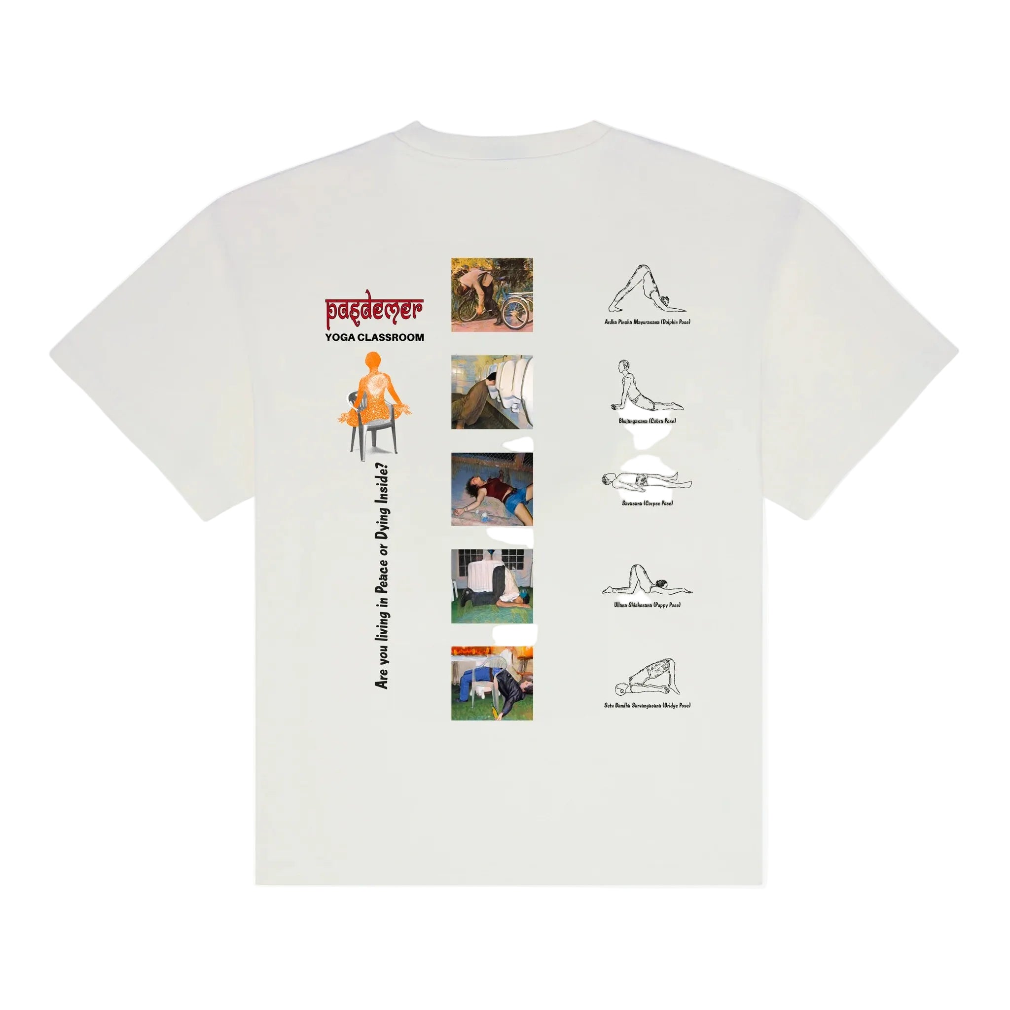 White t-shirt with yoga-themed graphics and text on a white background