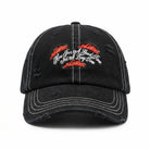 Black distressed baseball cap with red and white text and design on a white background