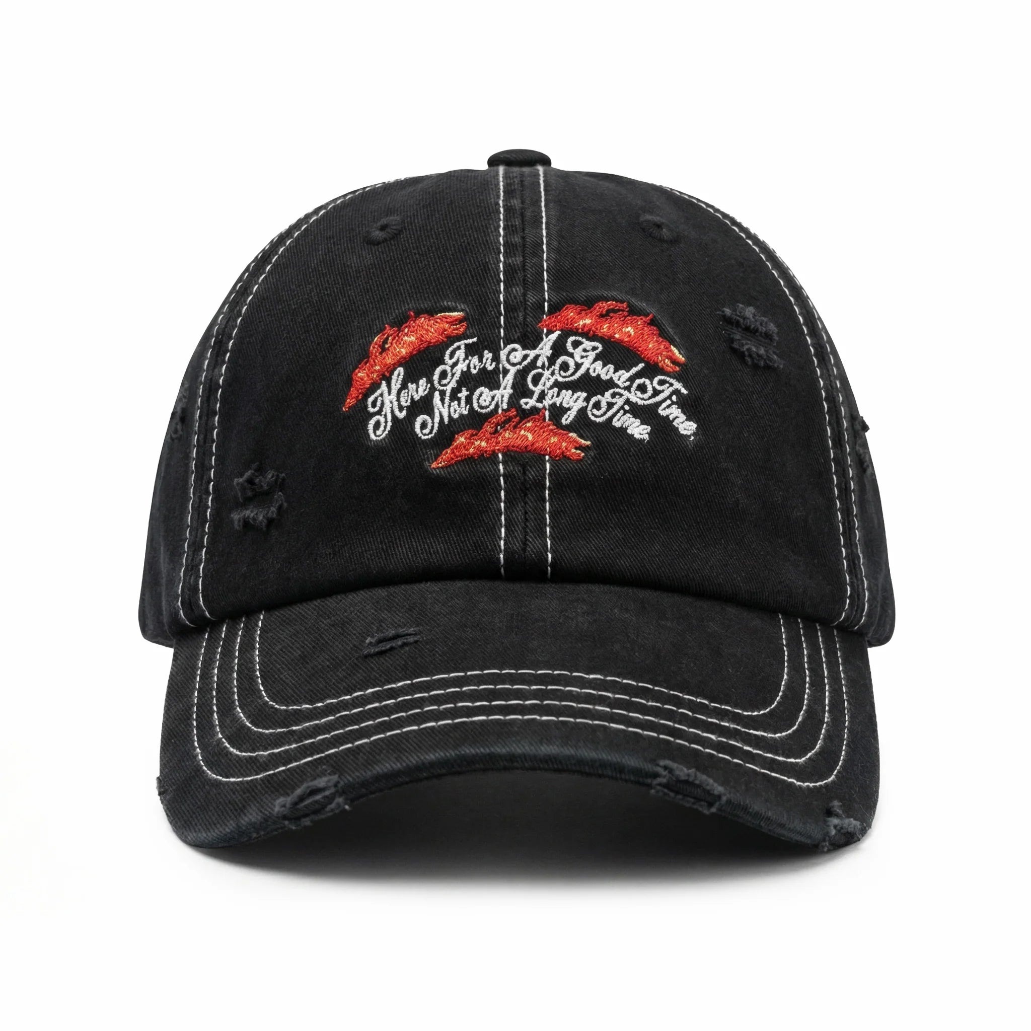 Black distressed baseball cap with red and white text and design on a white background
