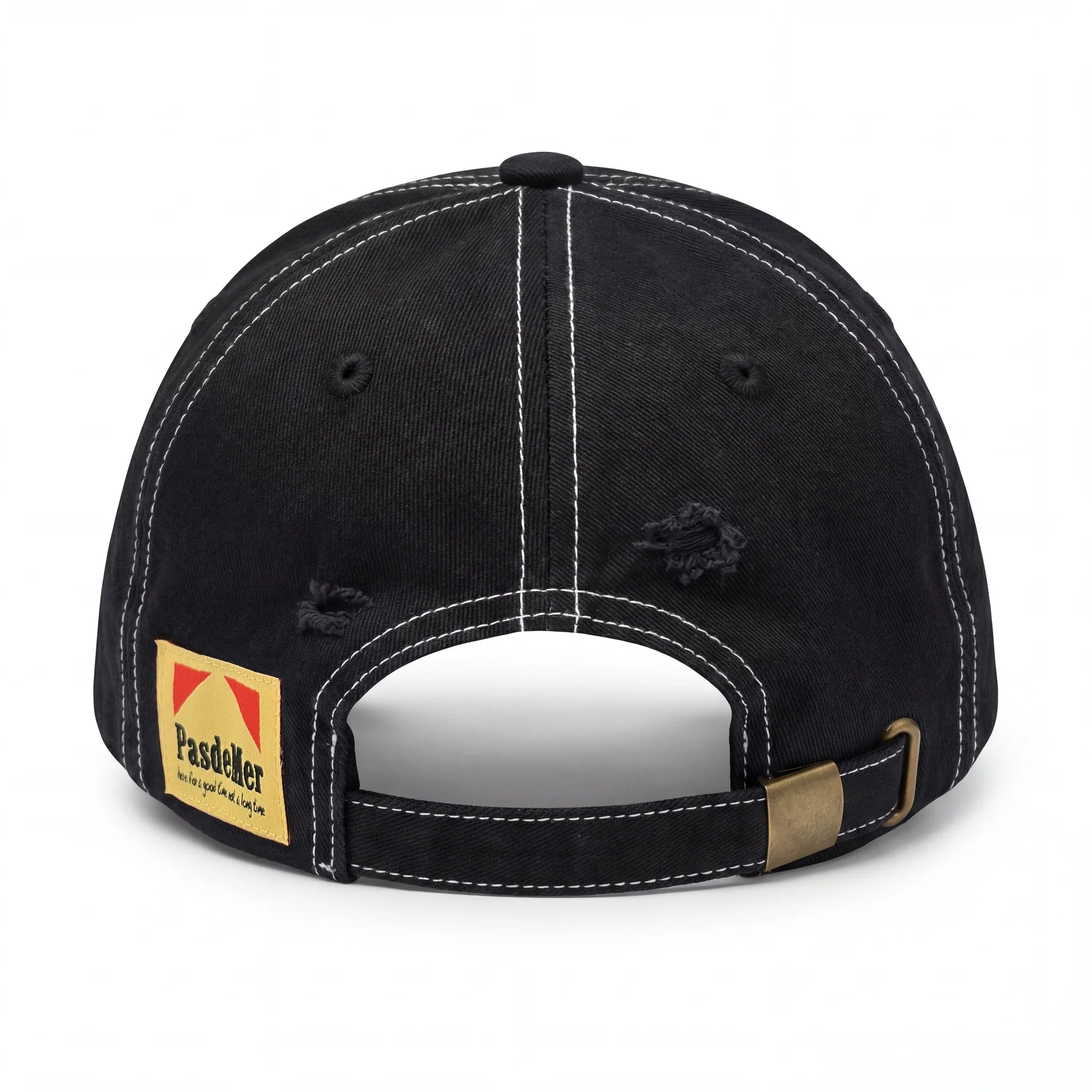 Black cap with a brand logo on the back against a white background