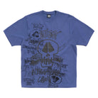 Blue t-shirt with printed skulls in black on a white background