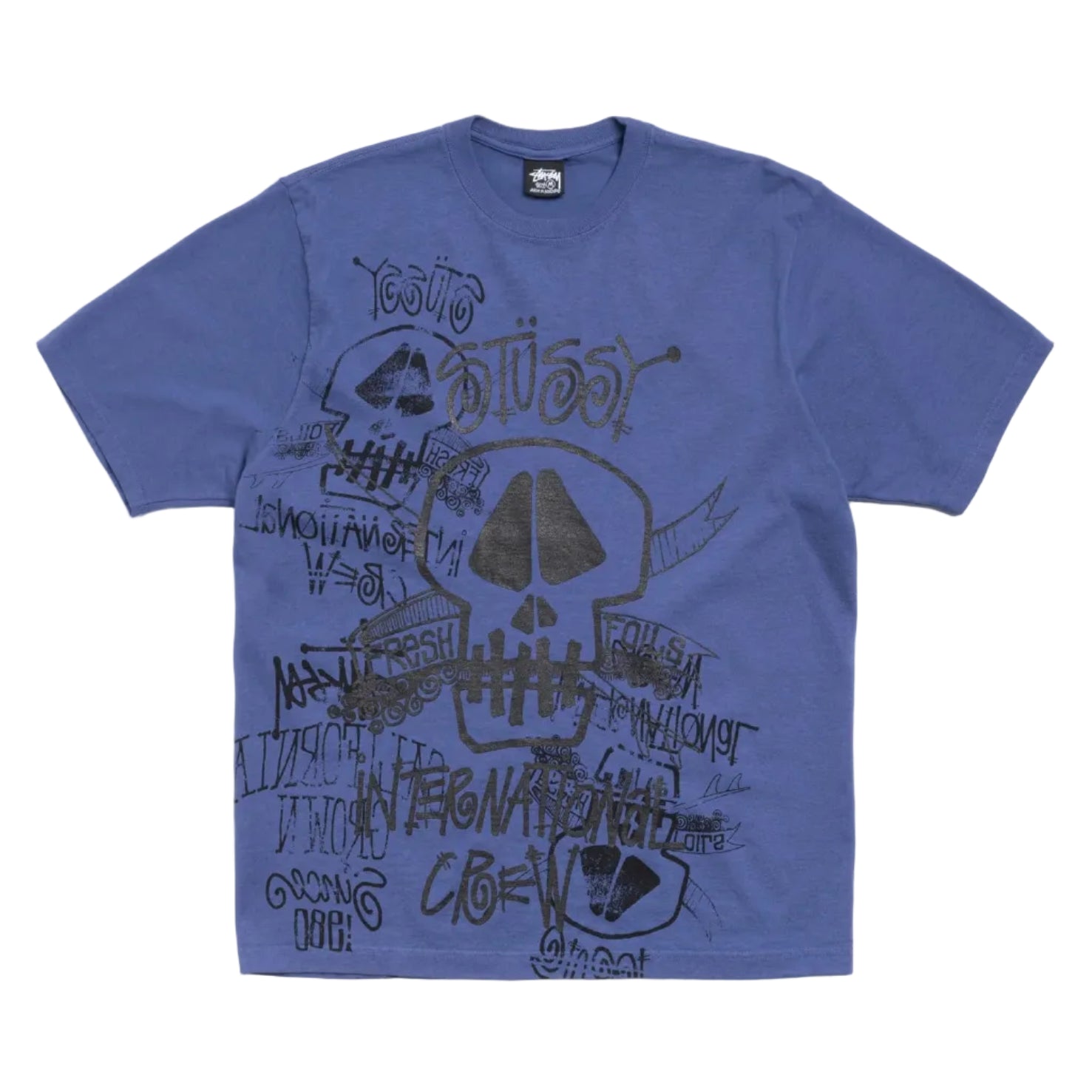 Blue t-shirt with printed skulls in black on a white background