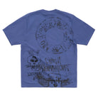 Blue t-shirt with black graphics on a white background