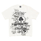 White t-shirt with a graphic print in black on a white background