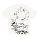 White t-shirt with a graphic print in black on a white background