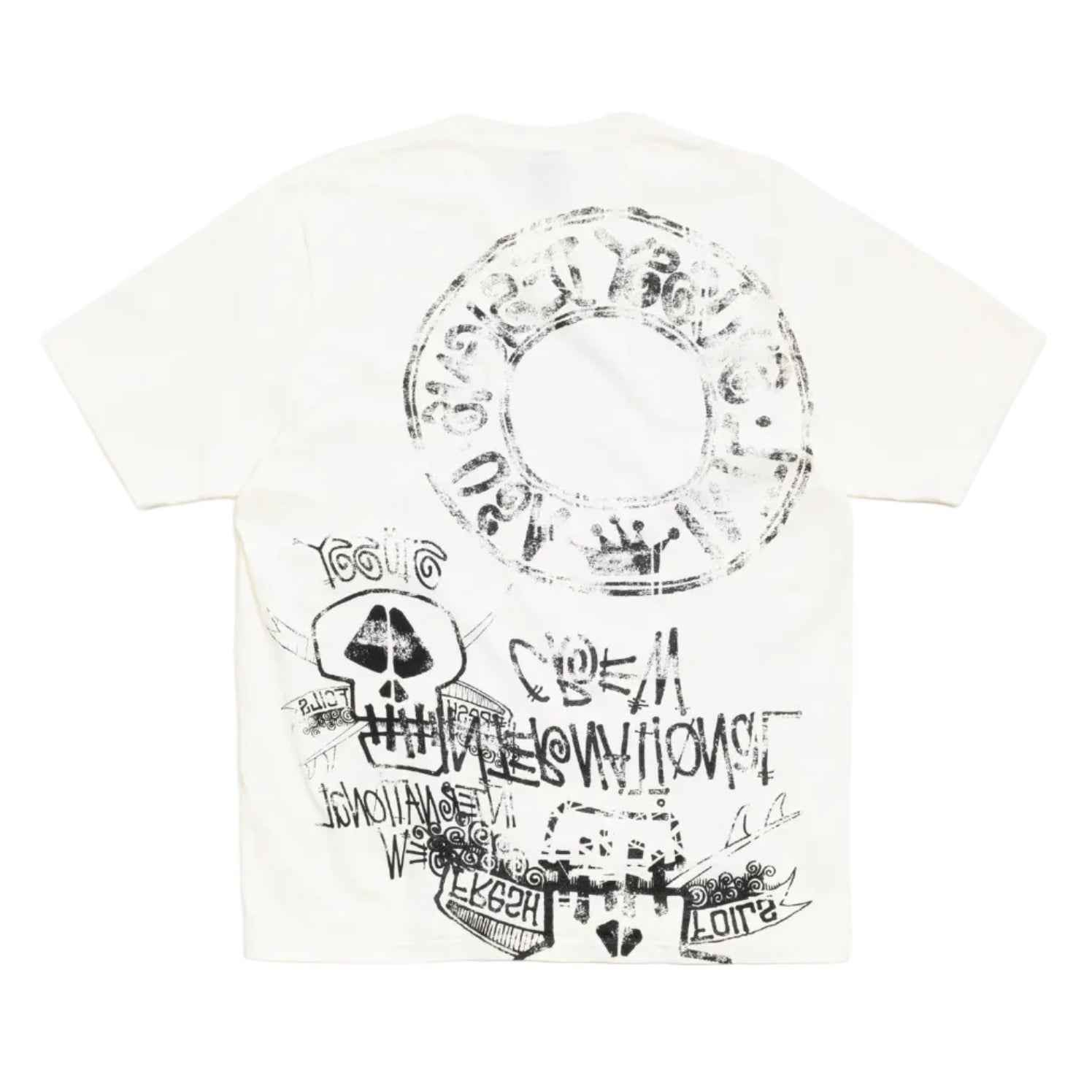 White t-shirt with a graphic print in black on a white background