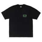 Black t-shirt with a green logo on a white background