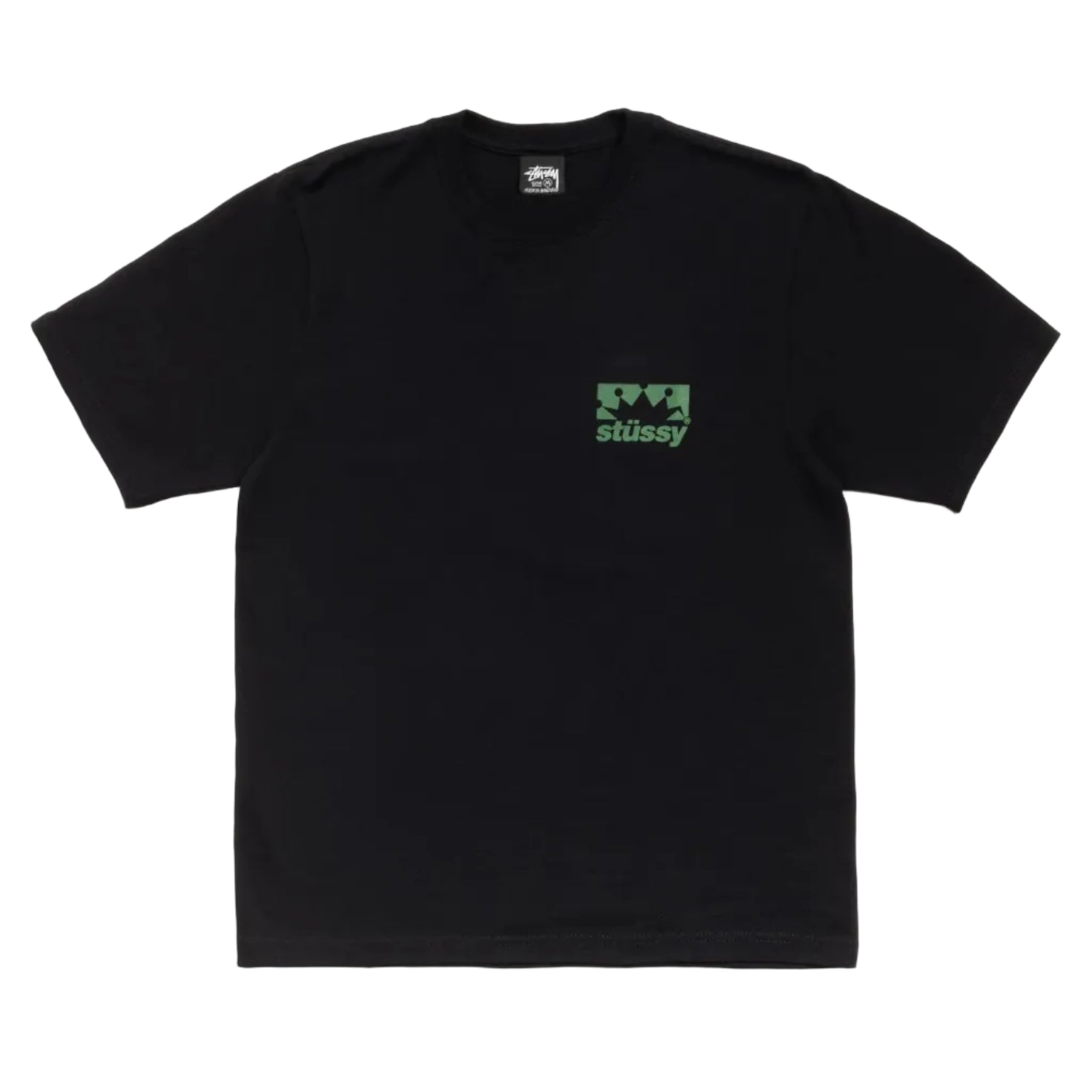 Black t-shirt with a green logo on a white background
