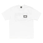 White t-shirt with black logo on a white background