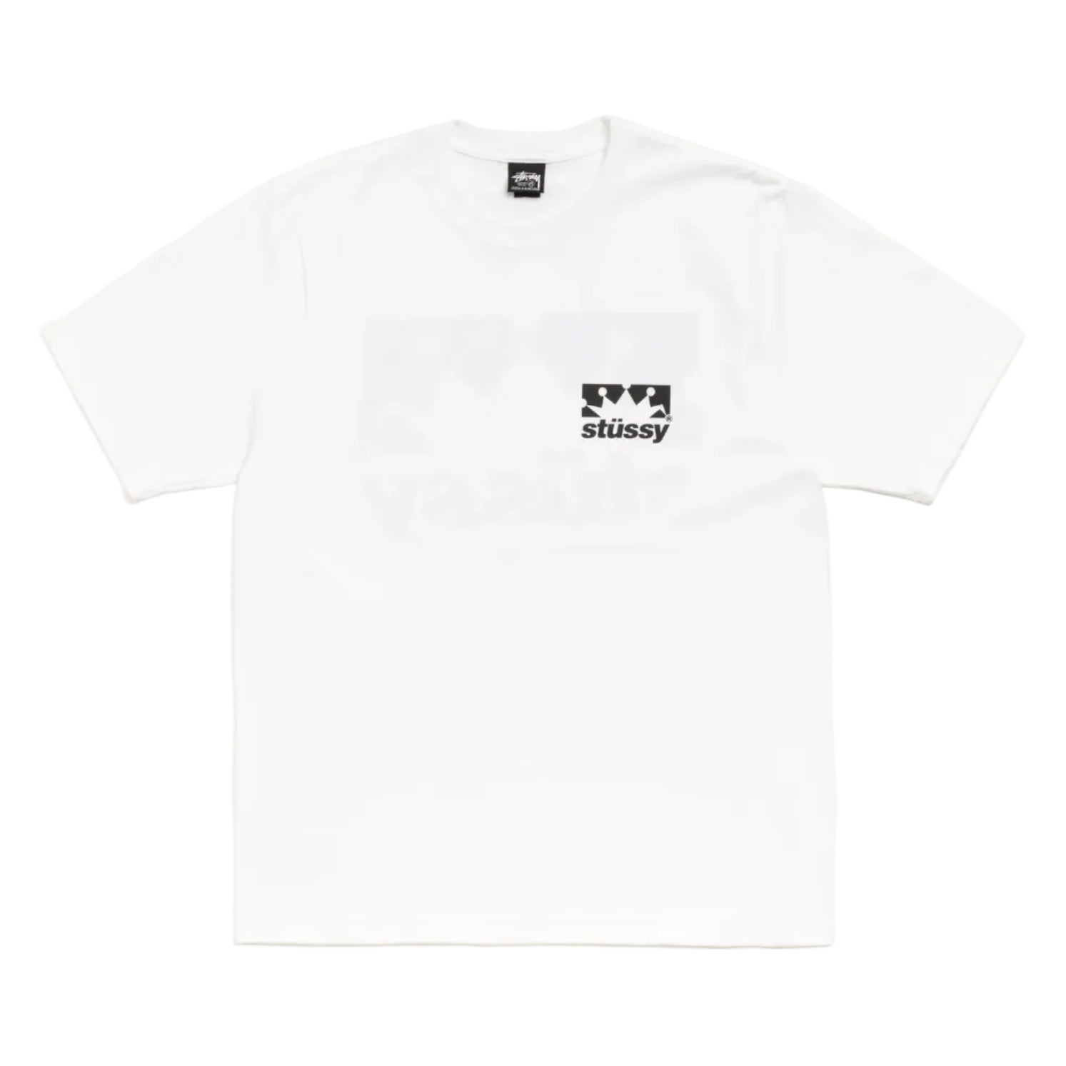 White t-shirt with black logo on a white background