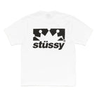 White t-shirt with black Stussy logo on a white background