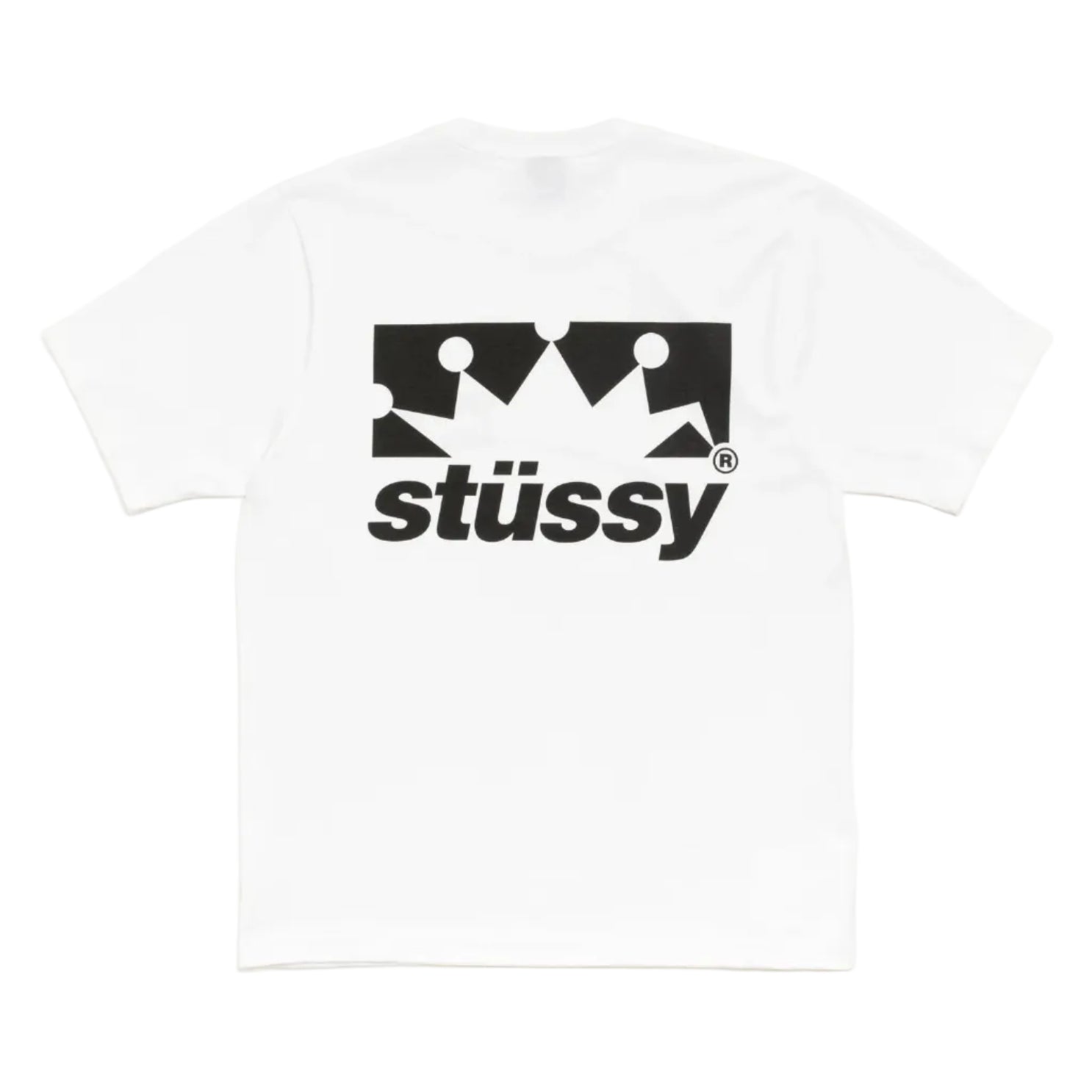 White t-shirt with black Stussy logo on a white background