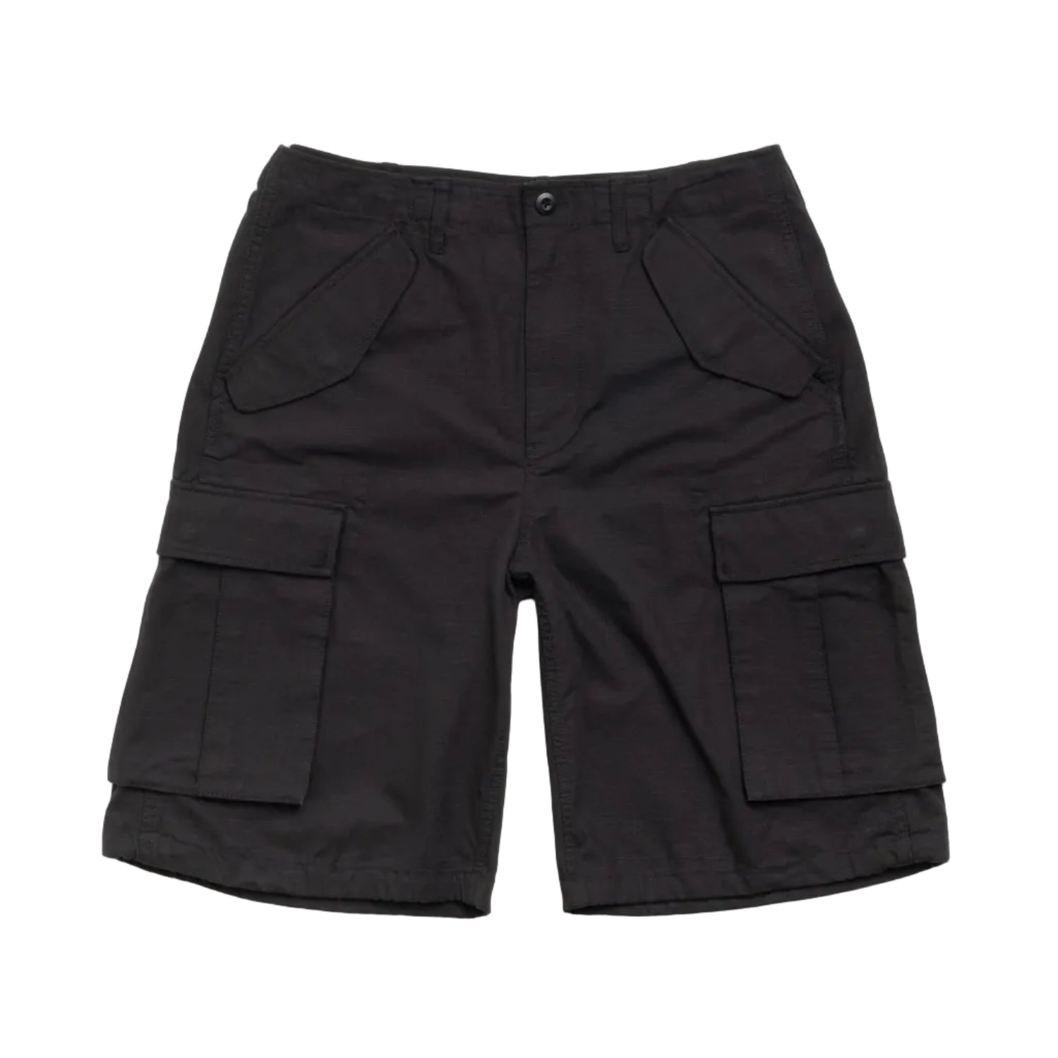 Black cargo shorts on a white background