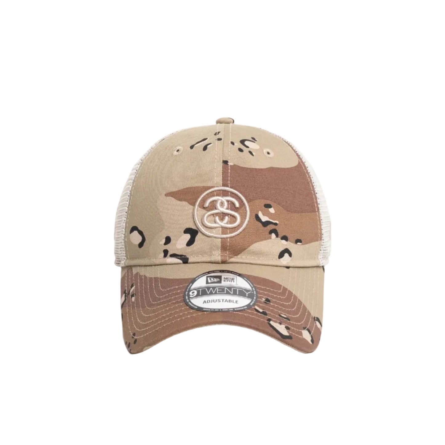 Tan camo trucker hat on a white background