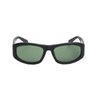 Black sunglasses with green lenses on a white background