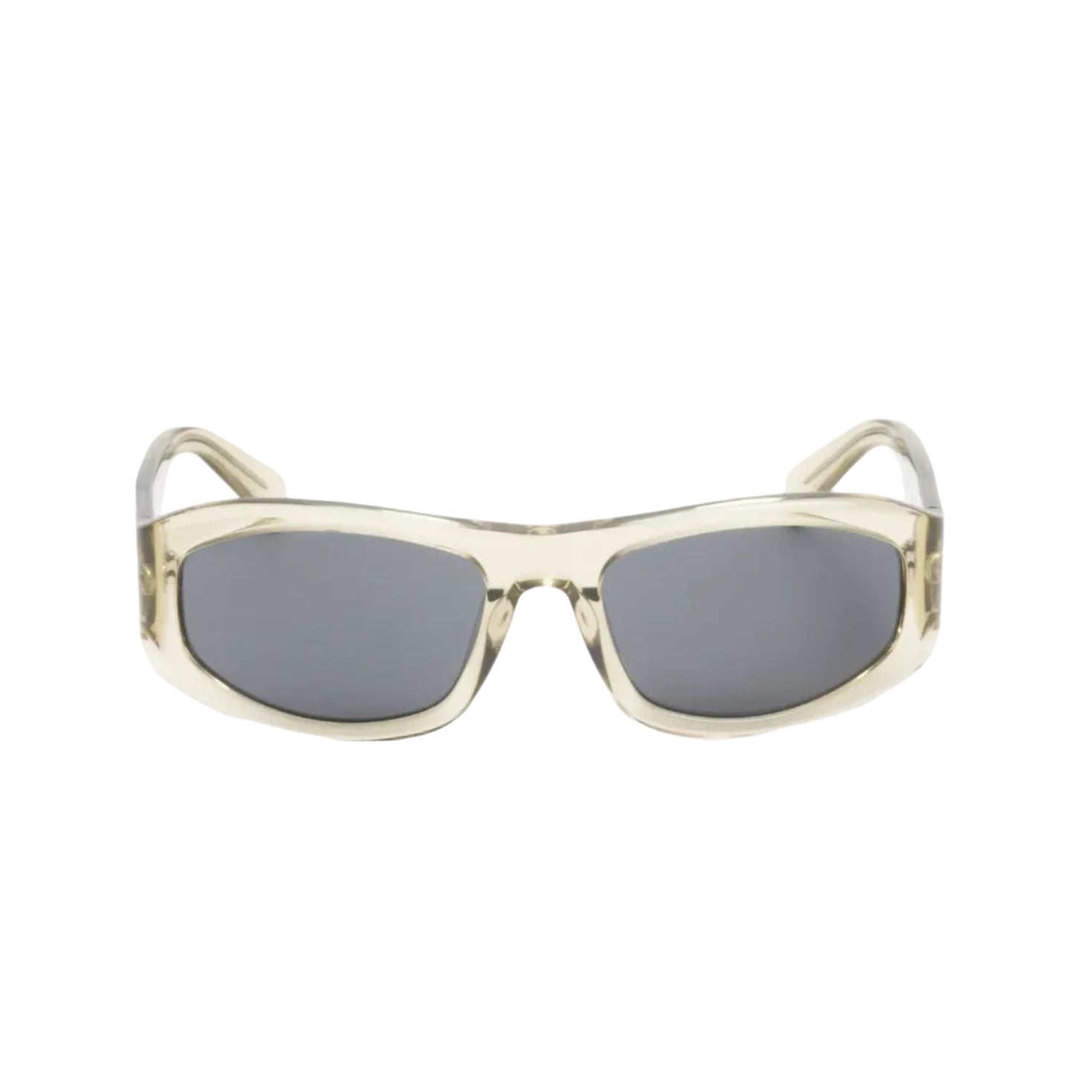 Sunglasses with a clear frame and dark lenses on a white background