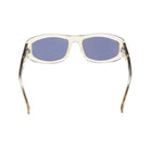 Sunglasses with clear frame and blue lenses on a white background