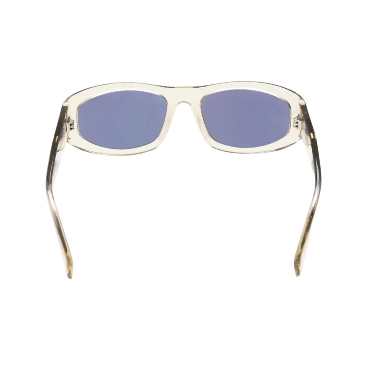 Sunglasses with clear frame and blue lenses on a white background