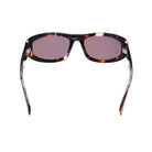 Sunglasses with tortoiseshell frame and purple lenses on a white background