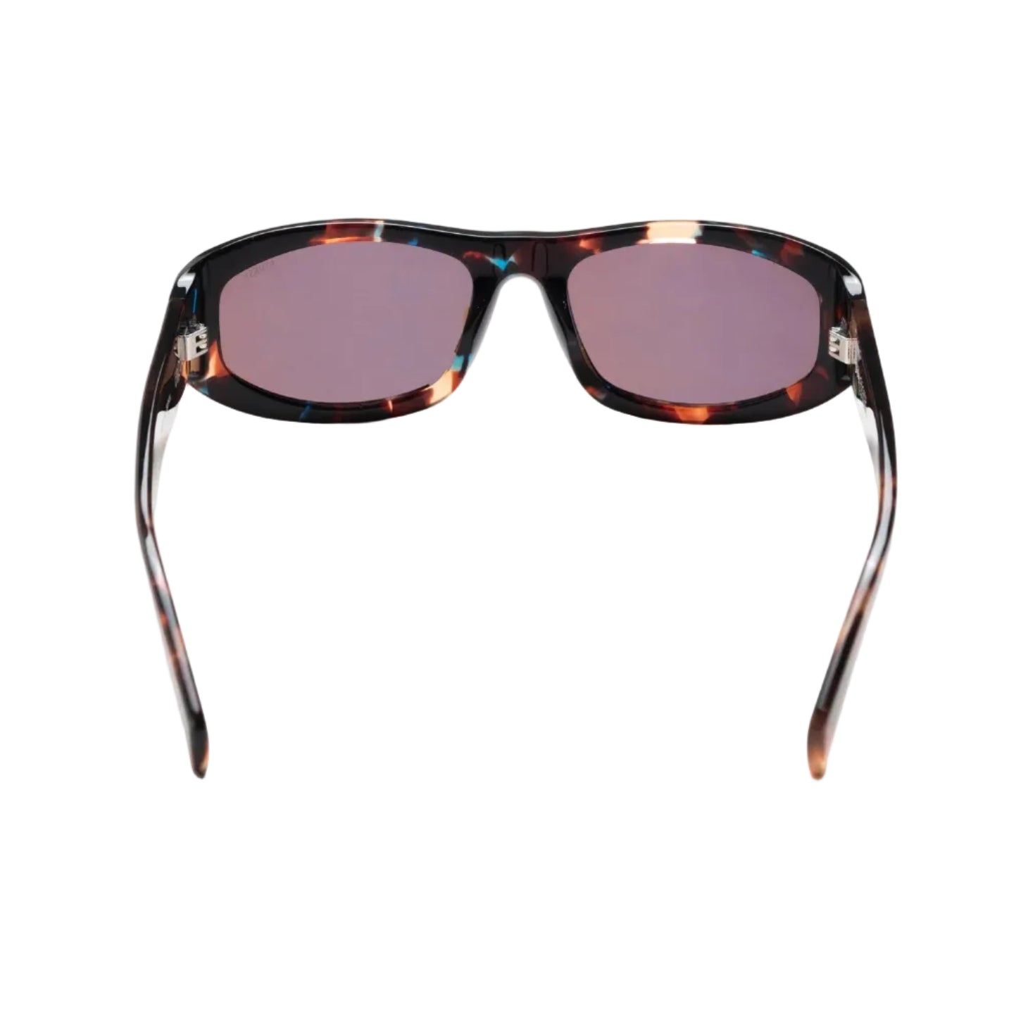 Sunglasses with tortoiseshell frame and purple lenses on a white background