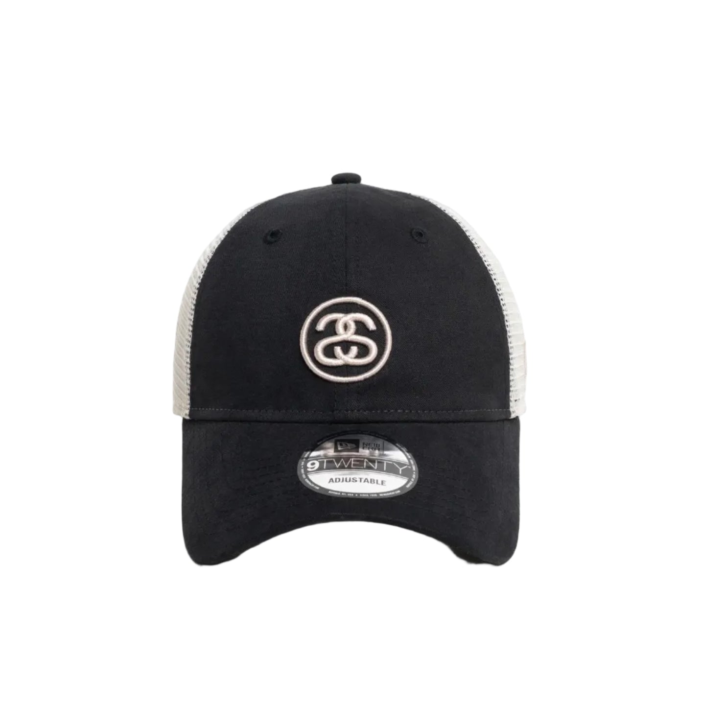 Black cap with white mesh and logo on a white background