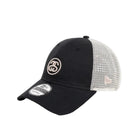 Black and white cap with a logo on a white background