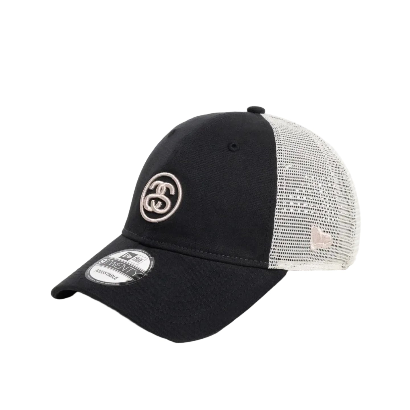 Black and white cap with a logo on a white background