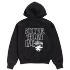 Black hoodie with white text and logo on the back, on a white background