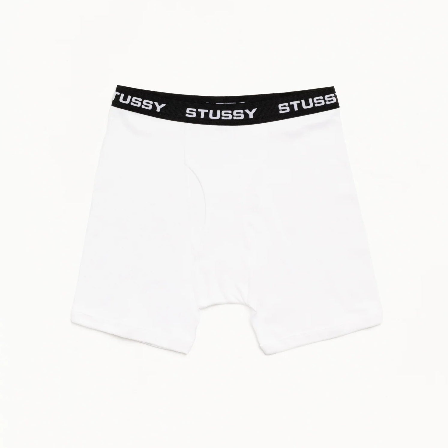 White boxer briefs with black Stussy waistband on a white background