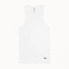 White sleeveless shirt with a small logo on a white background