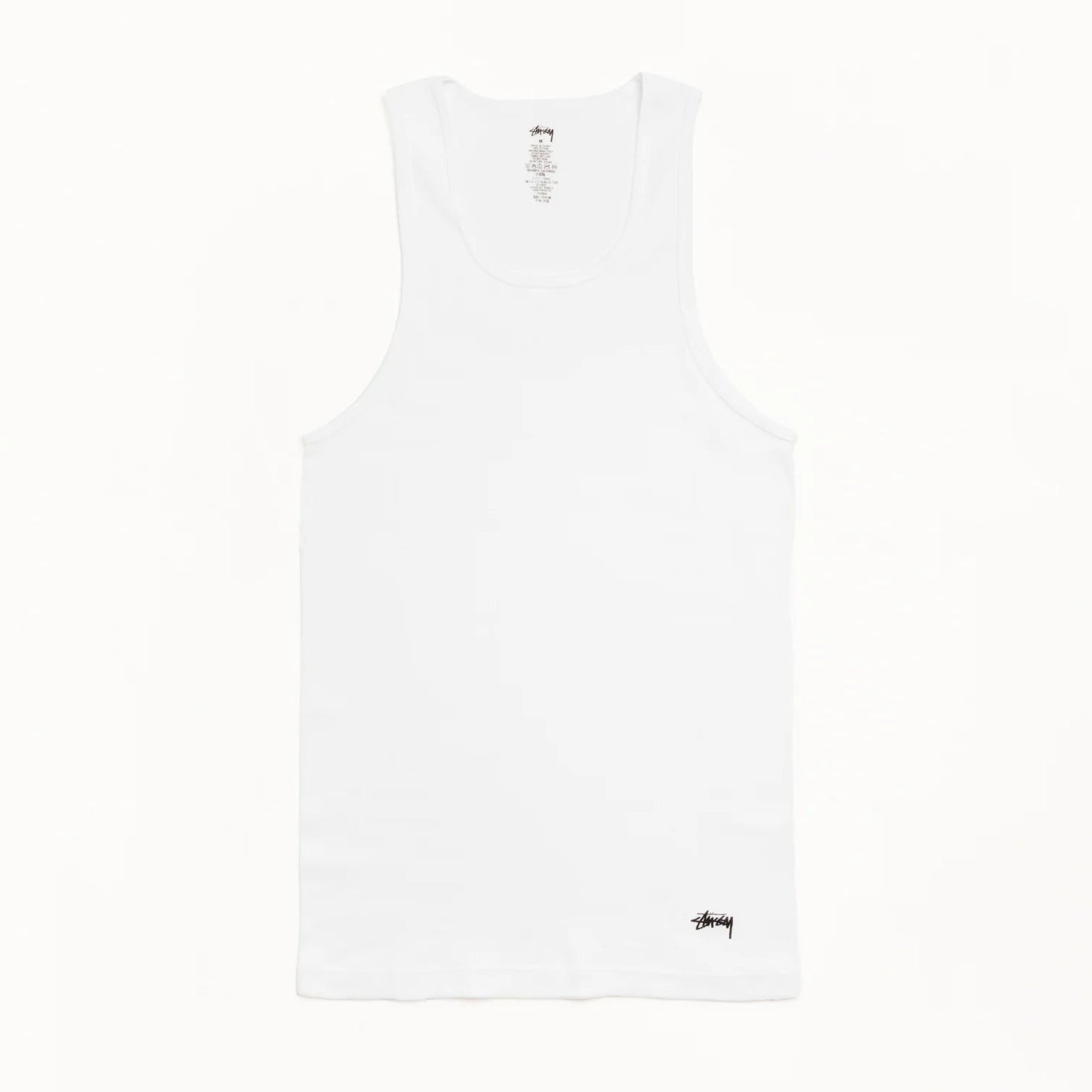 White sleeveless shirt with a small logo on a white background