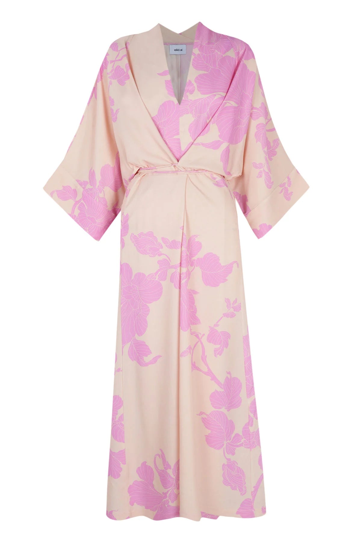 Beige kimono style dress with a pink floral pattern on a white background