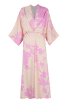Beige kimono style dress with a pink floral pattern on a white background