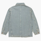 Back view of a light blue striped coat on a white background