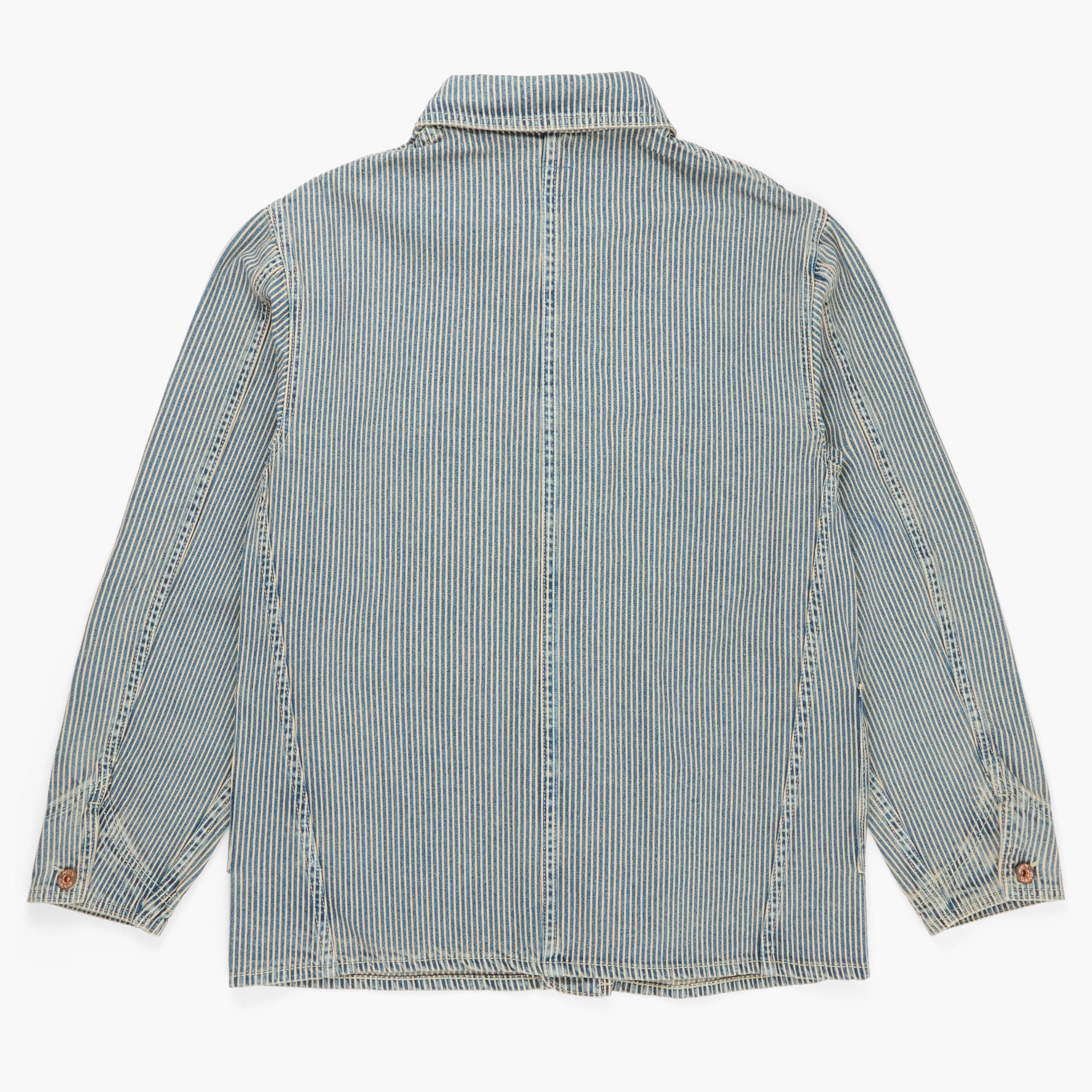 Back view of a light blue striped coat on a white background