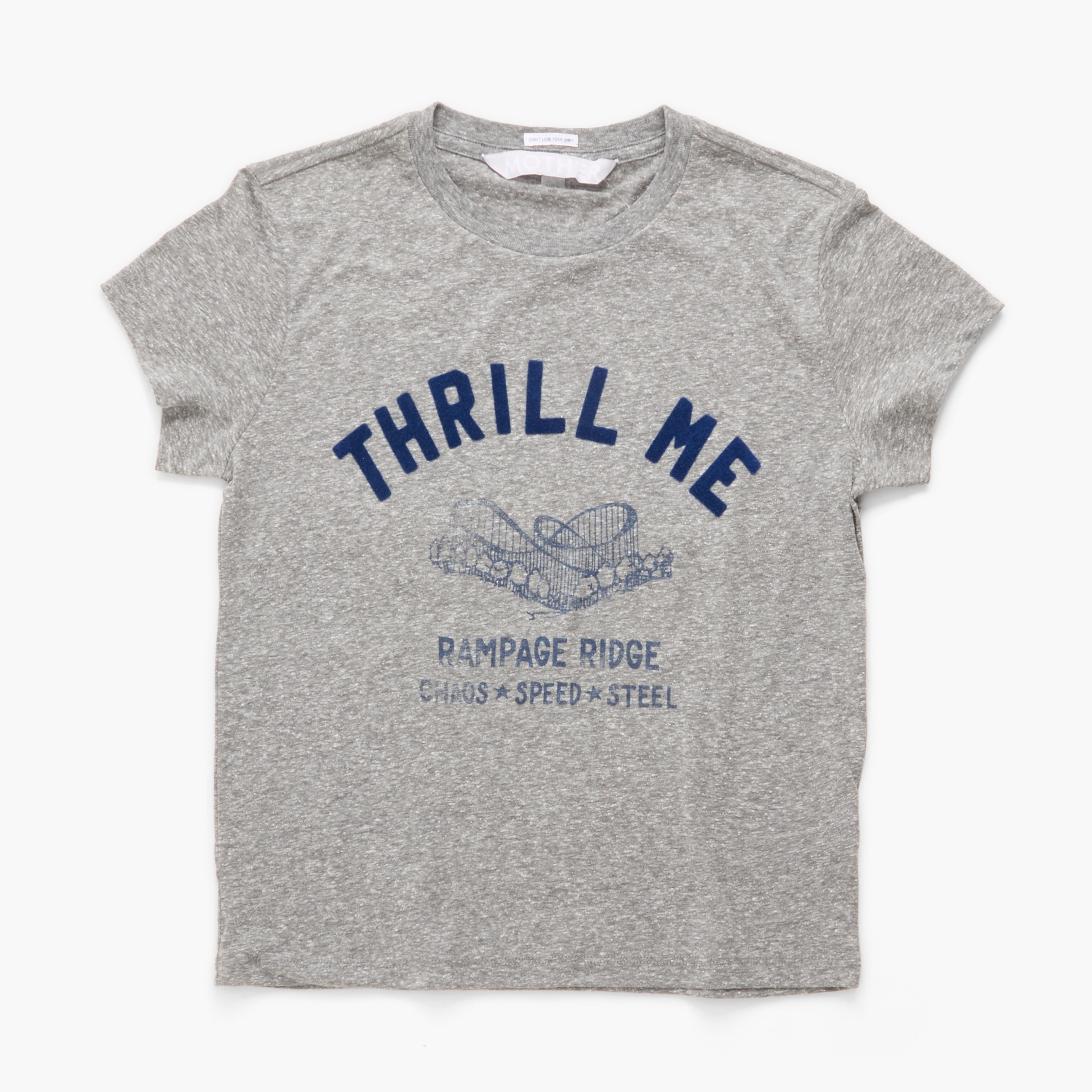 A heather gray short-sleeve t-shirt with a navy blue graphic print on the front reading 'THRILL ME' and 'RAMPAGE RIDGE CHAOS + SPEED + STEEL'.