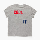 A heather gray short-sleeve t-shirt shown from the back, featuring the word 'COOL' printed in bold red letters and the letters 'IT' printed in navy blue below it.