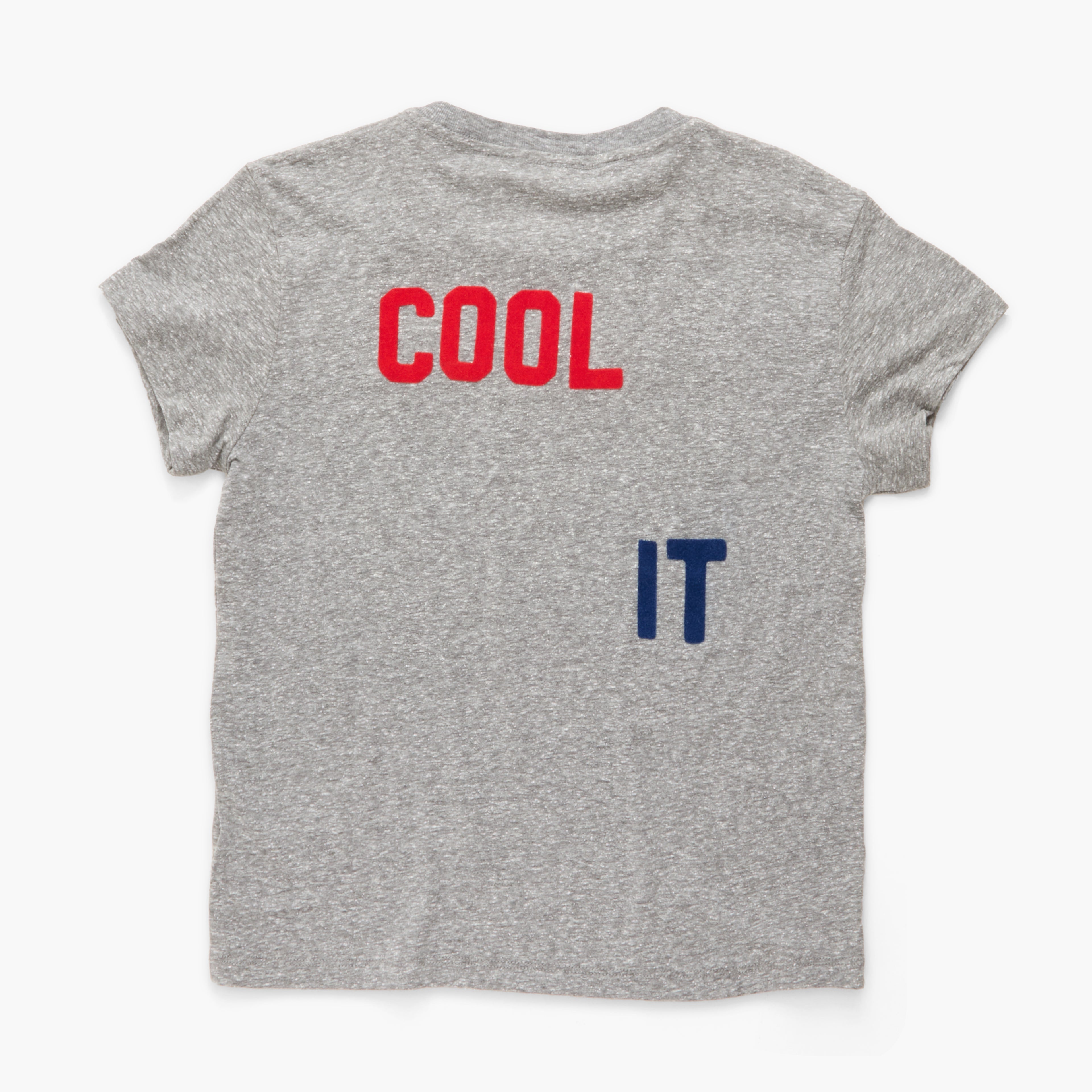 A heather gray short-sleeve t-shirt shown from the back, featuring the word 'COOL' printed in bold red letters and the letters 'IT' printed in navy blue below it.
