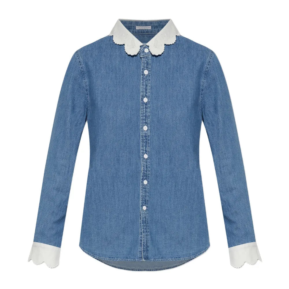 A blue denim long-sleeve button-up shirt with contrasting white scalloped Peter Pan collar and cuffs, shown against a plain white background.
