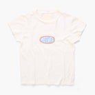 An off-white short-sleeve t-shirt with a central graphic that reads 'MOTHER' in light blue letters inside a scalloped red and blue oval, displayed on a clean white background.