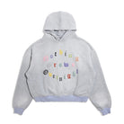 Gray hoodie with colorful text design on a white background