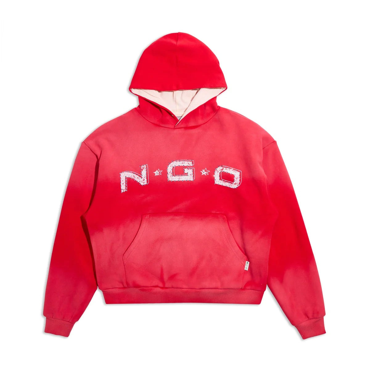 Red hoodie with 'N*G*O' logo on a white background