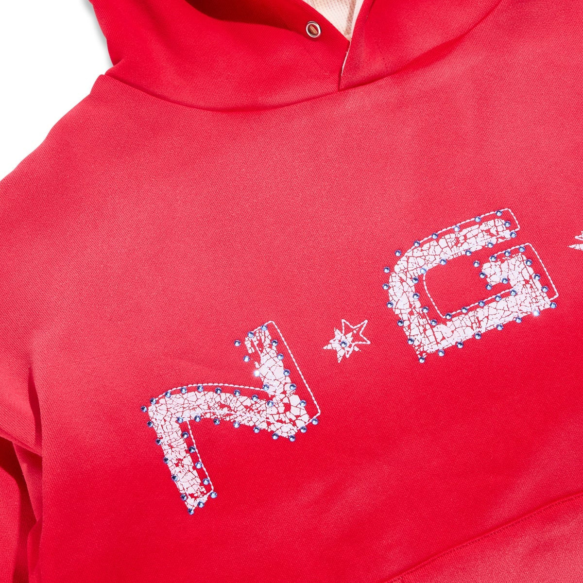 Red hoodie with white floral embroidery on a white background