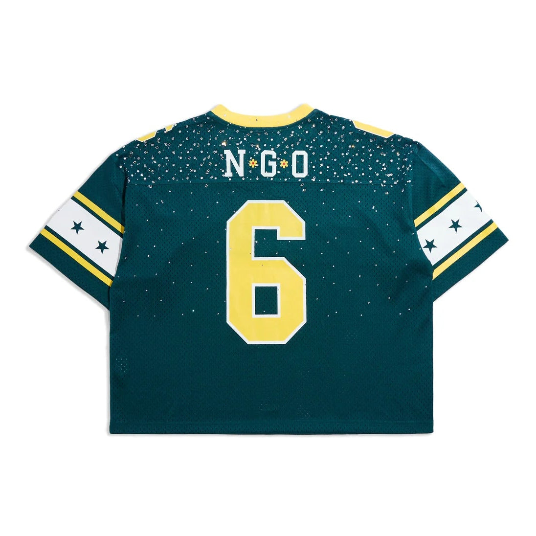 Green sports jersey with yellow number 6 and text on a white background